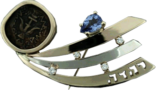 Bronze Widow's Mite Coin And Tanzanite Brooch