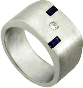 14K Brushed White Gold Gent's Wedding Band With Hearts On Fire&reg; Dream&reg; Cut Diamond And Two Sapphires