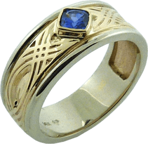 Grad Ring with Celtic Design and Cushion Cut Sapphire
