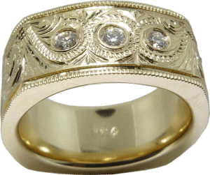 Gold and diamond men's ring inspired by cowboy belt buckle