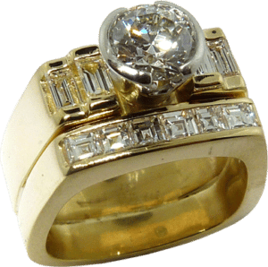 Baguette and bezel set diamond ring with a Hearts on Fire&reg; center cut diamond