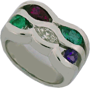 White Gold Family Ring with Pear shaped Ruby and Emerald, Round Emerald and Amethyst and a Marquis Diamond