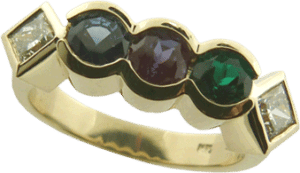 Yellow Gold Family Ring with 1/3 Carat Princess Cut Diamonds, Sapphire, and Chatham&reg; created Alexandrite and Emerald