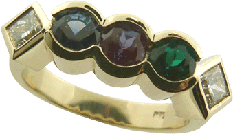 Yellow Gold Family Ring With 1/3 Carat Princess Cut Diamonds, Sapphire, And Chatham&reg; Created Alexandrite And Emerald