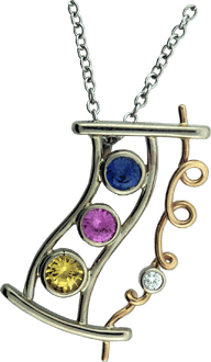 14K White And Yellow Gold Pendant With A Diamond And Blue, Pink, And Yellow Sapphires