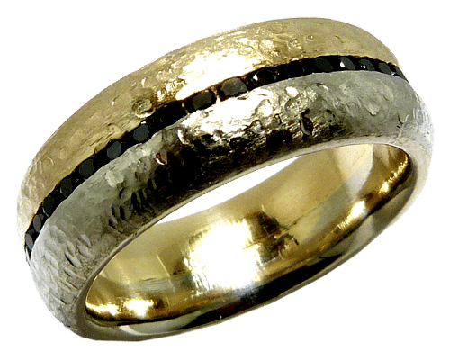 Hammered And Brushed Gold Wedding Band With Black Channel Set Diamonds