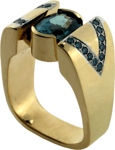18K Yellow Gold ring with Blue Colored Zircon and Treated Blue Diamonds