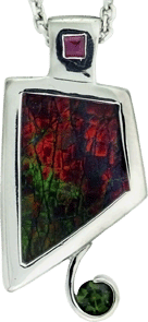 White Gold Pendant with a Natural Ammolite and Tourmalines