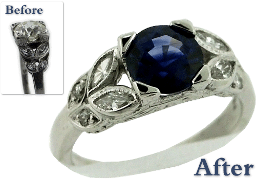 Antique Engagement Ring Redesign With Marquis Diamonds And Sapphire
