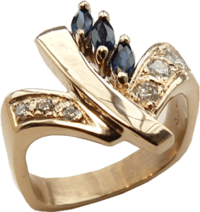 Gold ring redesign with diamonds and sapphires