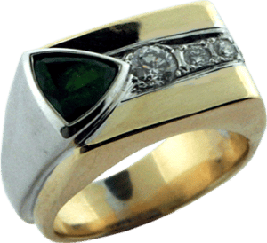 Redesigned gentlemens gold ring with diamonds and green garnet