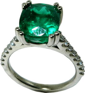 3 carat cushion cut emerald ring with Hearts on Fire&reg; accent diamonds
