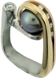 Peacock Colored Pearl and Diamonds in a Pink, Yellow and White Gold Ring