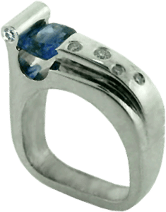 14K White Gold, Gypsy Set Diamonds and a Cushion Cut Blue Sapphire Ring