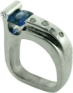 14K White Gold, Gypsy Set Diamonds And A Cushion Cut Blue Sapphire Ring