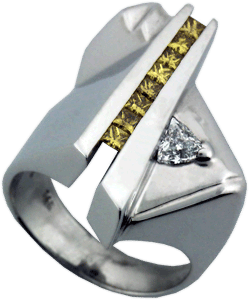 14K White Gold with Trillion Cut Diamond and Yellow Princess Cut Diamonds