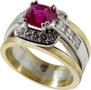 1.5 carat cushion cut ruby in a white and yellow gold ring