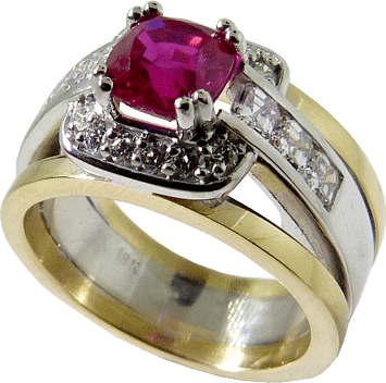 1.5 Carat Cushion Cut Ruby In A White And Yellow Gold Ring
