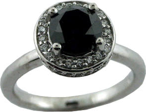 White Gold Halo Ring With Diamonds Surrounding A Round Brilliant Cut Black Diamond