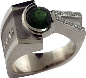 White Gold Ring With A Green Tsavorite Garnet, Hearts On Fire&reg; Pave And Gypsy Set Diamonds