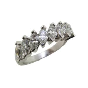 19 karat white gold diagonal marquise diamond band, claw-set with eight G VS2 marquise diamonds, totaling 1.344 carats.