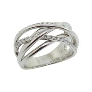 14 karat white gold dinner diamond ring, set with thirty-eight round brilliant cut diamonds, totaling 0.37 carats.