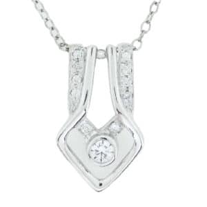 14k white gold custom open design diamond pendant featuring a 0.165ct Excellent cut, G/H, SI1 round brilliant cut diamond and is accented by 0.105cttw H, SI2, round brilliant cut diamonds.