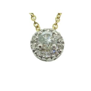 14k white gold halo pendant featuring a 0.218ct I/J, I1 round brilliant cut diamond in the center and 0.105cttw of round brilliant cut diamonds in the halo.