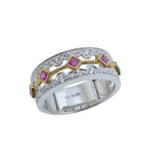14 karat white and yellow gold antique designed fashion ring, showcasing five princess cut rubies totaling 0.25 carats accented with diamonds totaling 0.17 carats. This piece is a perfect gift to represent July birthdays and 40th anniversaries.