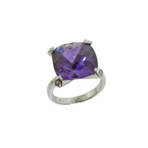 14K white gold solitaire ring with a cushion checkerboard cut 7.8ct amethyst with gypsy and pave set accent diamonds on the claws, 0.316cttw.