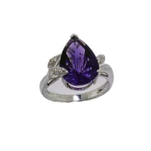 14K white gold pear shape, fancy cut amethyst, 3.75ct, with accent diamonds pave set in leaf designs, 0.108cttw.