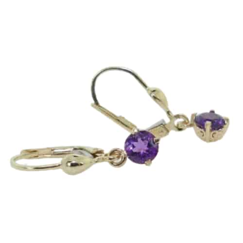 14 karat yellow gold claw set round amethyst, 0.78 total carat weight, leverback dangle earrings.