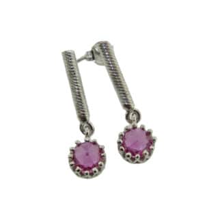 14k white gold drop earrings featuring 1.06ctw rose cut pink sapphires.