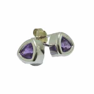 14k white gold bezel set purple sapphire stud earrings. The purple sapphires have a total weight of 1.273ctw.