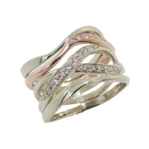 Lady's 14 Karat White and Rose Gold Intertwined Diamond Ring, pave-set with 15 round brilliant cut diamonds totaling 0.119 carats and 7 pink round brilliant cut diamonds.