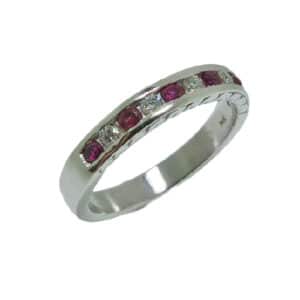 14 karat white gold stacking ring, showcasing six Rubies totaling 0.338 carats. Alternating with five diamonds totaling 0.14 carats. Created by our jeweler and owner, David Blitt as part of our Studio Tzela line. This piece is a perfect gift to represent July birthdays and 40th anniversaries.