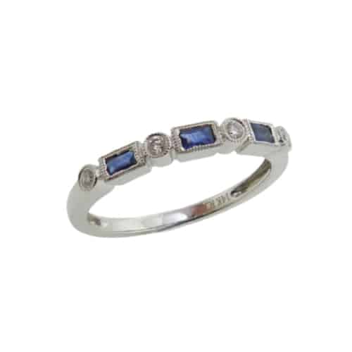 14 karat white gold stackable band featuring 3 blue sapphires, 0.22 total carat weight and 4 round brilliant cut diamonds, 0.07 total carat weight, H/I, SI1-2.