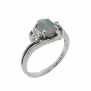 14 karat white gold ring set with a 0.434ct opal and is accented with 2 = 0.056, H/I, I1, round brilliant cut diamonds.