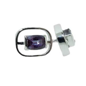 14 karat white gold open design stud earrings featuring 2 = 0.89ctw Alexandrite. These earrings are a custom design by David.