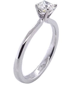 14 karat white gold solitaire engagement ring set with a 0.416ct I, VVS1 round brilliant cut diamond by Hearts on Fire.