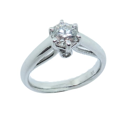14 karat white gold custom solitaire engagement ring featuring a 0.742ct, G, SI1 round brilliant cut diamond by Hearts on Fire accented by 2 = 0.04ctw round brilliant cut diamonds. This ring is a custom design by David.