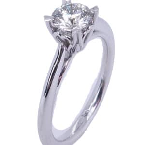 14 karat white gold solitaire engagement ring set with a 0.578ct I, VI1 round brilliant cut diamond by Hearts on Fire.
