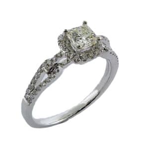 14K White gold halo split shank engagement ring set with one ideal cut, Dream cut diamond by Hearts On Fire, 0.507 carat, J, SI1 and accented on the halo and band with claw set side diamonds 0.36 carat total weight, SI1-SI2, G/H.
