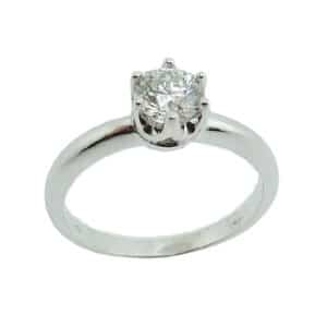 14 karat white gold solitaire engagement ring with a 6 prong head featuring a 0.568ct, G, VS1 round brilliant cut diamond by Hearts on Fire.