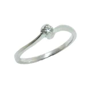 14K White gold promise ring bezel set with one 0.075 carat, SI, G/H, ideal cut, round brilliant cut diamond by Hearts On Fire.
