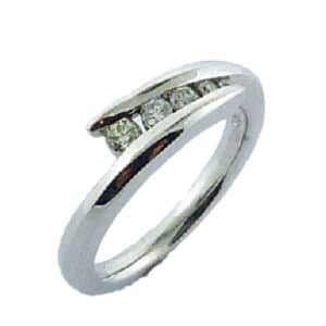 14K White gold bypass band channel set with 5 graduated size ideal cut, round brilliant cut Hearts On Fire diamonds, 0.202 carat total weight, SI, G/H.