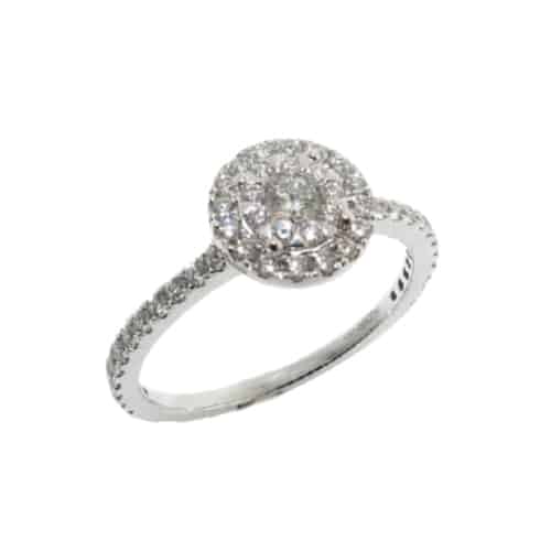 14 karat white gold bouquet style halo engagement ring featuring 0.54ctw excellent cut G/H, SI round brilliant cut diamonds. This unique design is a great alternative to a traditional halo ring.