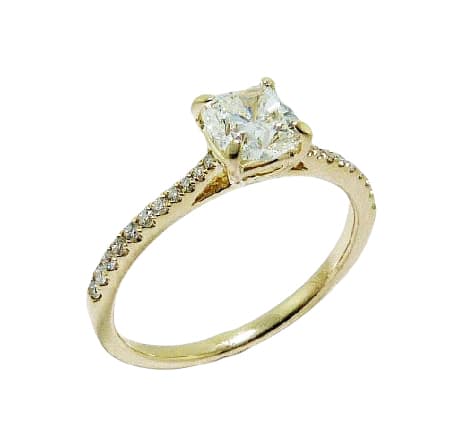 14 Karat Yellow gold diamond engagement ring claw set in the centre with one cushion cut, 0.72 ct, I, VS1, FireCushion Brilliant Cut GIA graded diamond and accented with 22 round brilliant cut diamonds, 0.13 carat total weight, G/H, SI-VS.