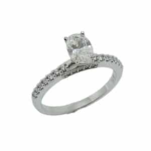 14 karat white engagement ring featuring a 0.50ct H, VVS1 oval cut diamond accented by 24 = 0.16ctw round brilliant cut diamonds. This unique design is a great alternative to a traditional solitaire.