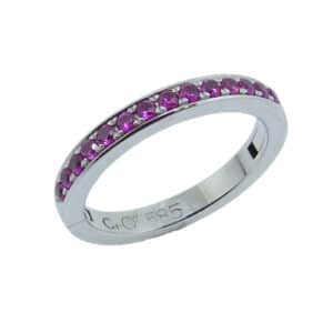 14K White gold ring, pave set with Mardi Gras pink sapphires, totaling 0.35 carats.  Cliq rings are equipped with a custom hinge and locking mechanism to allow you to have a ring that fits perfectly! Great for those who suffer from arthritis or who have had injuries to their fingers.